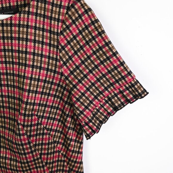 TOMMY HILFIGER Red Tan Olive Green Black Plaid Houndstooth Shift Dress - Size 4 - Picture 5 of 14